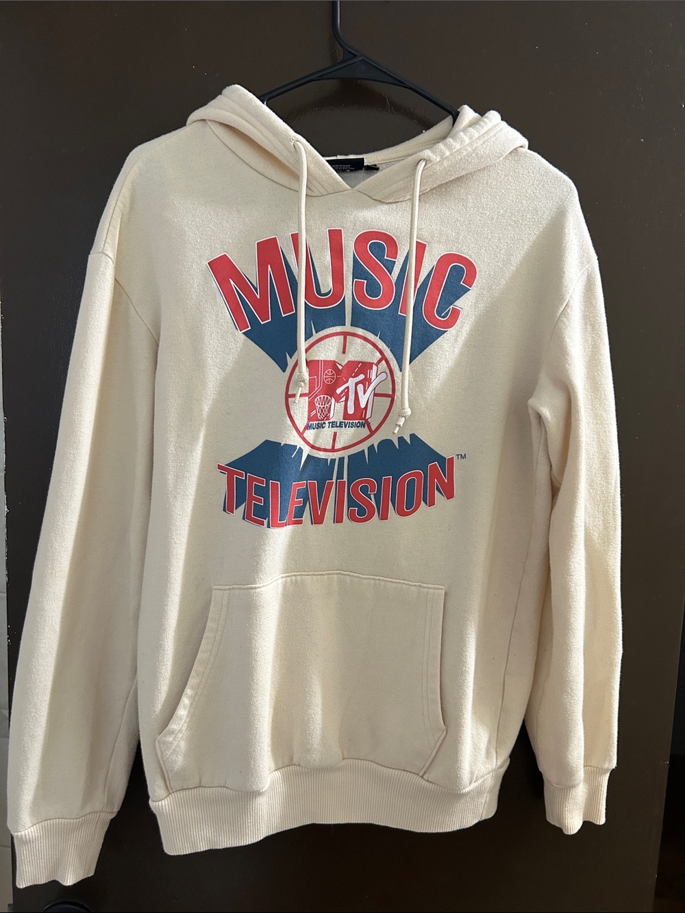 MTV Cream Hoodie with Red and Blue Music Television Graphic